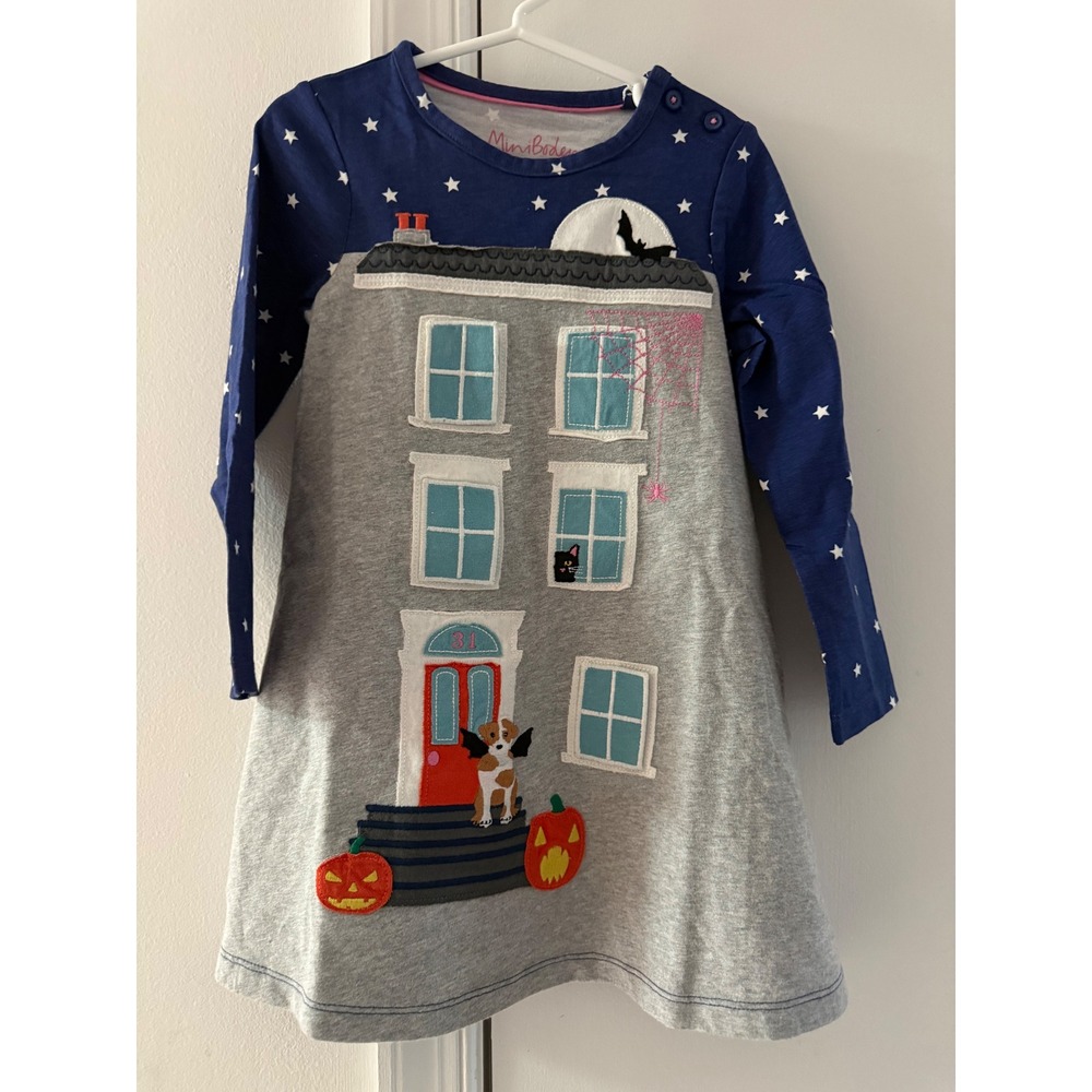 Mini Boden Girls Halloween Haunted House Lift the Flap Dress Navy Star 3-4Y NEW